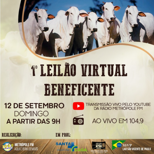 Metrpole FM realiza 'Leilo Beneficente Virtual' neste domingo