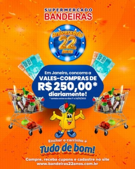 Supermercado Bandeiras vai premiar clientes diariamente no último mês da Campanha de Aniversário