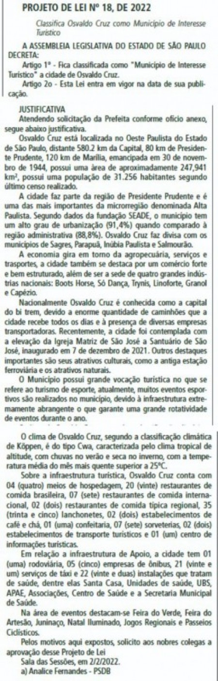Deputada Analice protocola projeto que torna Osvaldo Cruz um município de interesse turístico