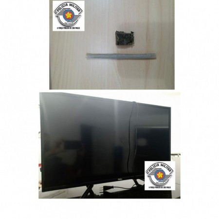 Em deslocamento para apresentação de ocorrência de porte de drogas, PM conduz outro indivíduo para averiguação e tv é apreendida, em Lucélia