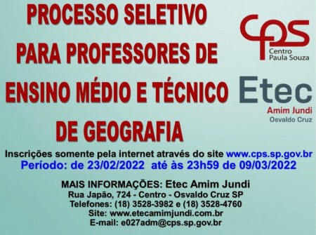 Etec Amim Jundi realiza Processo Seletivo para Docente componente curricular Geografia