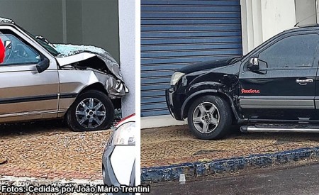 Após colisão, veículo bate na parede prédio e outro parou em frente a porta de loja em Tupã