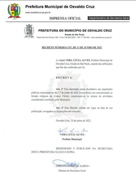Prefeitura de Osvaldo Cruz decreta Ponto Facultativo nesta sexta-feira (17)