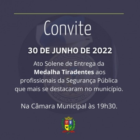 Câmara de Osvaldo Cruz realiza hoje a entrega da Medalha Tiradentes