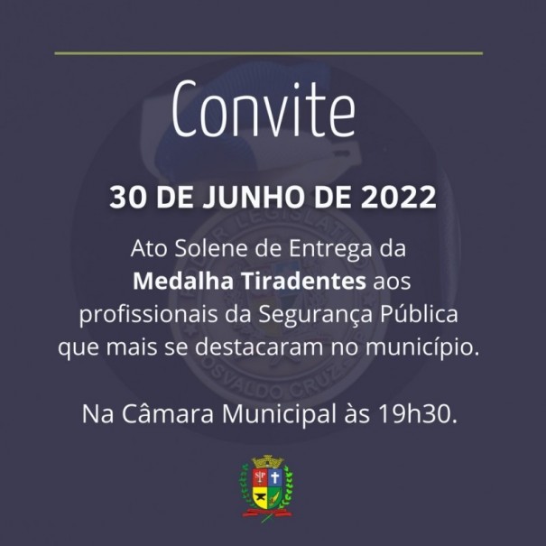 Cmara de Osvaldo Cruz realiza hoje a entrega da Medalha Tiradentes