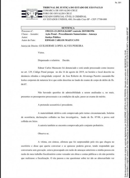 Justiça condena ex-Prefeito Mazucato em primeira instância por agressão ao ex-Vereador Pazotto