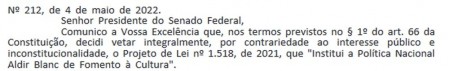 Bolsonaro veta, integralmente, a nova Lei Aldir Blanc, que prevê R$ 3 bi anuais até 2027 para o setor cultural