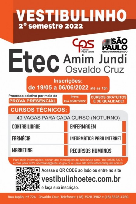 Etec Amim Jundi de Osvaldo Cruz dá início as inscrições para o Vestibulinho 2° semestre 