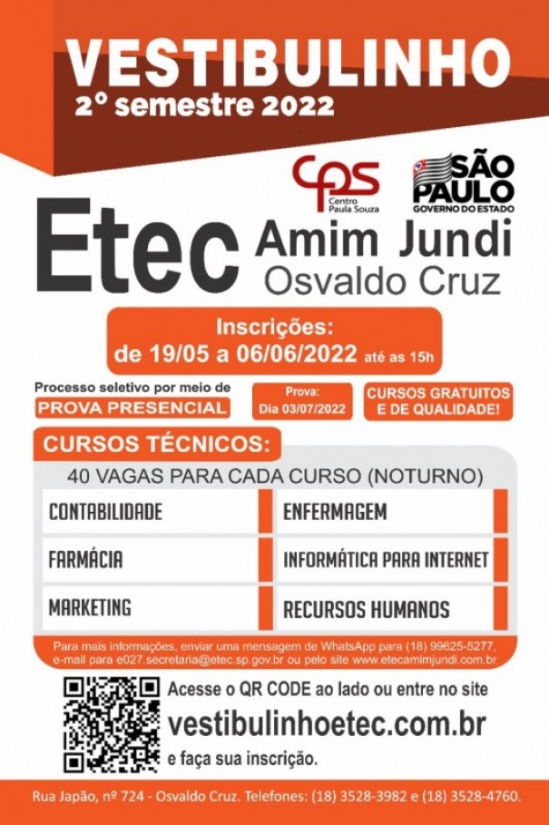 Etec Amim Jundi de Osvaldo Cruz d incio as inscries para o Vestibulinho 2 semestre 