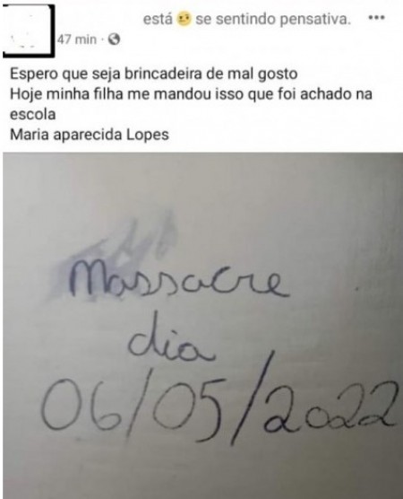 Diretoria da Escola Maria Aparecida Lopes aciona a Polícia depois que mensagem sobre 'massacre' foi encontrada na unidade