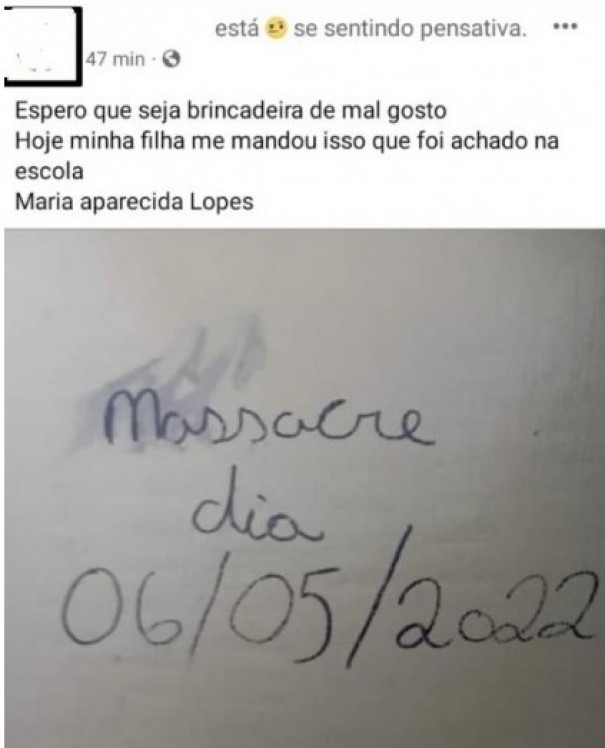 Diretoria da Escola Maria Aparecida Lopes aciona a Polcia depois que mensagem sobre 'massacre' foi encontrada na unidade
