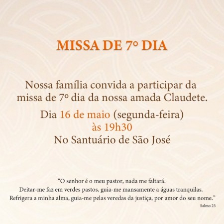 Missa de 7º Dia de Claudete Marconato Couto acontece nesta segunda-feira (16)