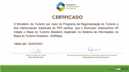 Adamantina recebe certificação do Ministério do Turismo