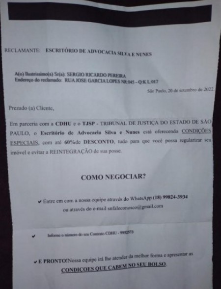 Atenção: Golpistas voltam a enviar cartas a mutuários da CDHU com proposta de acordo