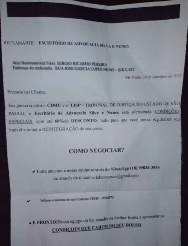 Ateno: Golpistas voltam a enviar cartas a muturios da CDHU com proposta de acordo