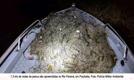 Polícia Ambiental apreende 1,3 km de redes de pesca irregulares no Rio Paraná, em Paulicéia