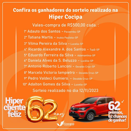 Hiper cocipa realiza novo sorteio de vales-compras da campanha hiper cliente feliz - 62 anos