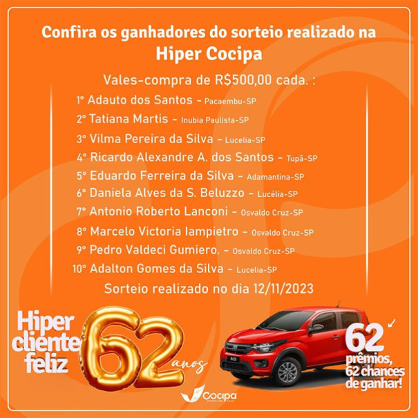 Hiper cocipa realiza novo sorteio de vales-compras da campanha hiper cliente feliz - 62 anos