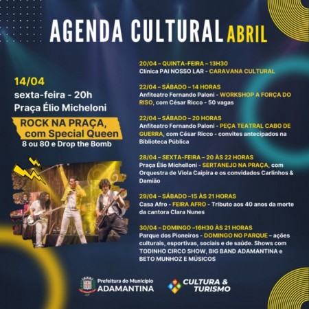 Secretaria de Cultura e Turismo de Adamantina divulga agenda cultural do mês de Abril