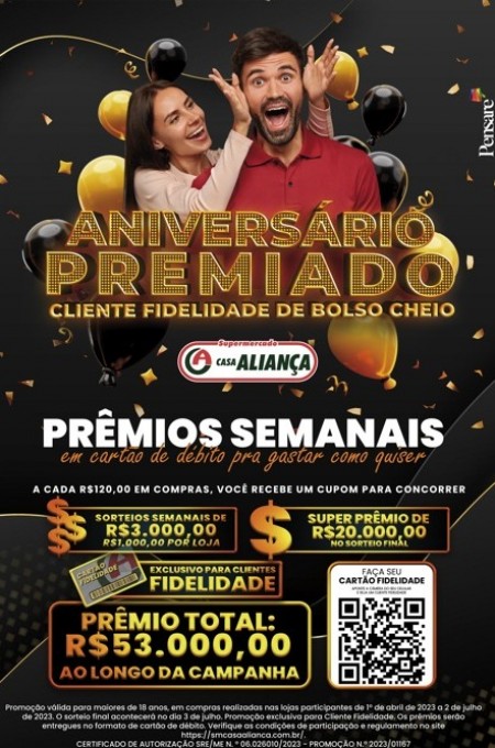 Com R$ 53 mil em dinheiro, Supermercado Casa Aliança inicia promoção de aniversário em abril