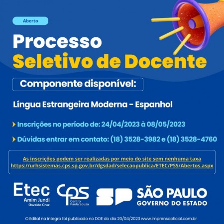 Etec Amim Jundi de Osvaldo Cruz está com Processo Seletivo para Docente