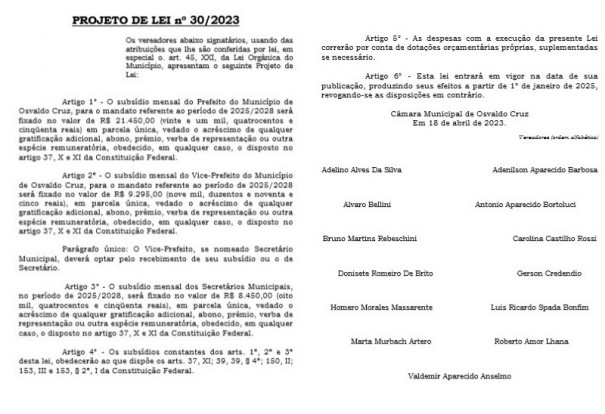 Projeto de Lei 30/2023 aumenta para R$ 21.450,00 o salrio do Prefeito de Osvaldo Cruz em 2025