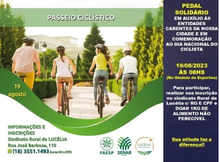 Lucélia: Passeio Ciclístico  Pedal Solidário acontece no dia 19 de agosto