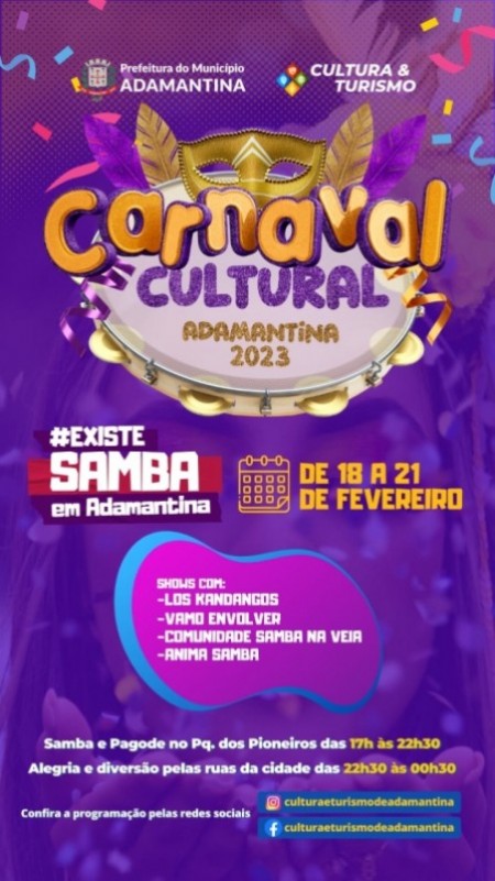 Adamantina terá Carnaval Cultural de 18 a 21 de fevereiro no Parque dos Pioneiros