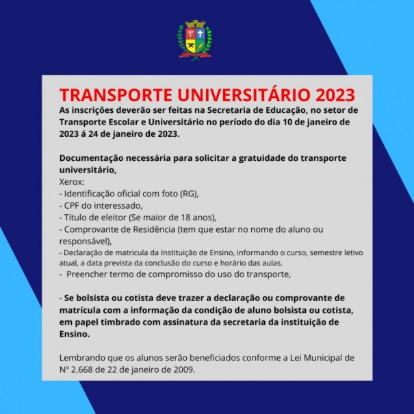 Prefeitura de Osvaldo Cruz anuncia inscri��es para o transporte universit�rio de 2023