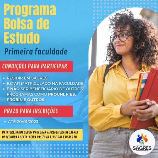 Prefeitura de Sagres abre inscries para o Programa Bolsa de Estudo