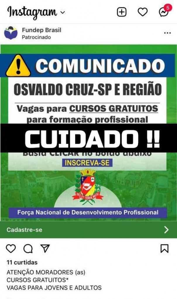 Prefeitura de OC faz alerta sobre publica��o suspeita feita nas redes sociais