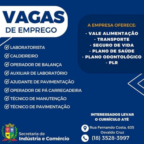 PAT de Osvaldo Cruz est com oportunidades de emprego disponveis