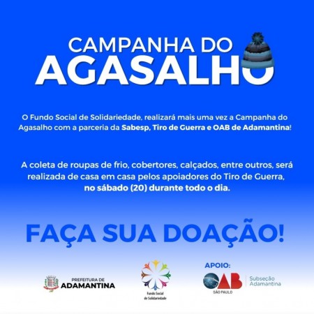 Fundo Social de Solidariedade de Adamantina realiza Campanha do Agasalho neste sábado (20)
