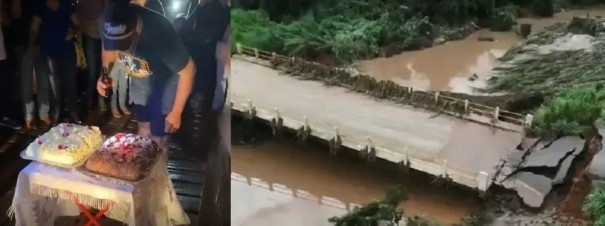 Com direito a bolo e churrasco, moradores fazem 'festa' ap�s ponte completar 1 ano de interdi��o