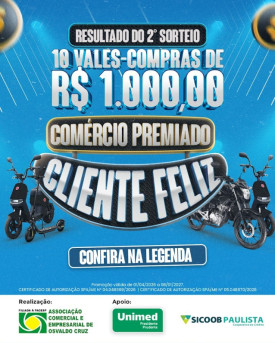 Confira o resultado do 2Âº sorteio da campanha ComÃ©rcio Premiado, Cliente Feliz, da ACEOC