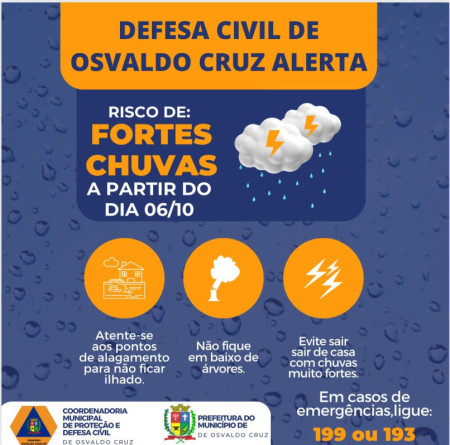 Defesa Civil de Osvaldo Cruz alerta para possibilidade de chuva forte 
