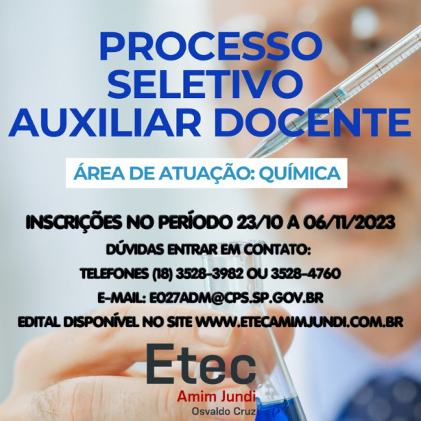 Etec Amim Jundi abre processo seletivo para Auxiliar Docente – Química