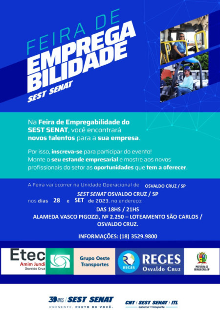 SEST SENAT de Osvaldo Cruz realiza hoje a Primeira Feira de Empregabilidade 