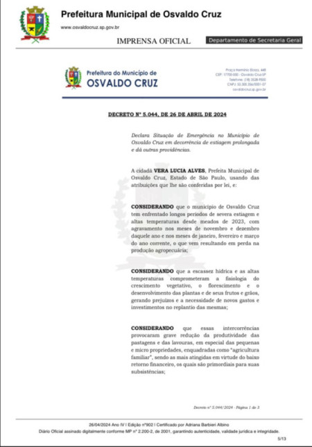 Osvaldo Cruz decreta estado de emergÃªncia por escassez de chuvas