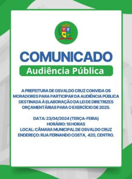 CÃ¢mara de OC convida populaÃ§Ã£o para discussÃ£o e elaboraÃ§Ã£o da Lei de Diretrizes OrÃ§amentÃ¡rias 
