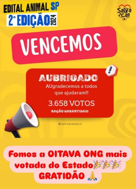SalvacÃ£o Ã© a 8Âª Ong mais votada no Edital Animal-SP e conquista verba no valor de R$65 mil