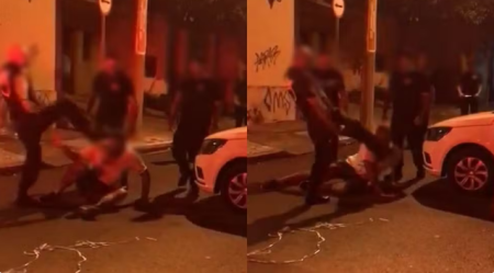 Na frente de viatura da PM, homem Ã© agredido por seguranÃ§a com chutes na cabeÃ§a em carnaval no interior de SP