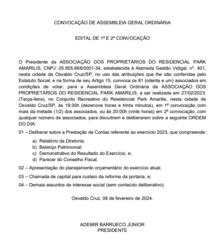 AssociaÃ§Ã£o dos ProprietÃ¡rios do Residencial Park Amarilis vai realizar Assembleia Geral OrdinÃ¡ria