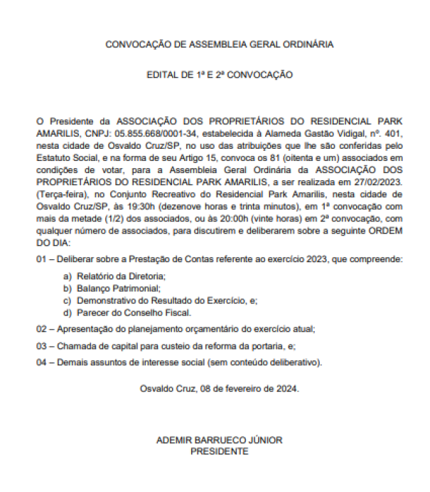 Associação dos Proprietários do Residencial Park Amarilis vai realizar Assembleia Geral Ordinária
