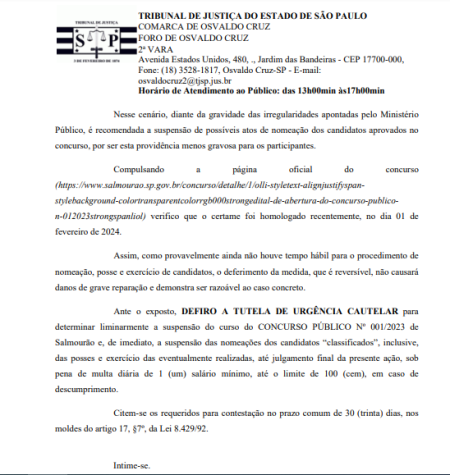 JustiÃ§a suspende liminarmente Concurso PÃºblico realizado pela Prefeitura de SalmourÃ£o