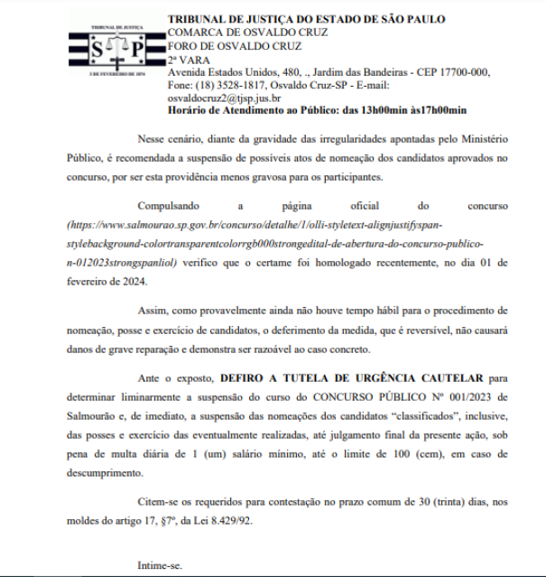 Justiça suspende liminarmente Concurso Público realizado pela Prefeitura de Salmourão