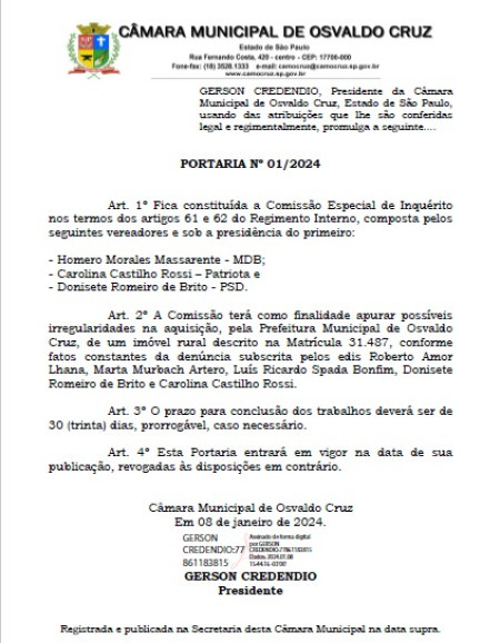 CEI Ã© formada na CÃ¢mara de OC para investigar prefeitura na compra de terreno