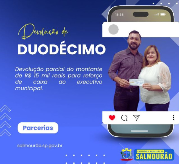 Prefeitura de Salmourão recebe devolução financeira de duodécimo da Câmara Municipal 