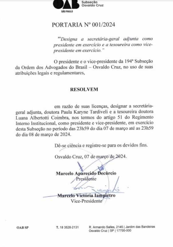 OAB de Osvaldo Cruz tem duas mulheres nos cargos máximos da Subsecção neste 8 de Março