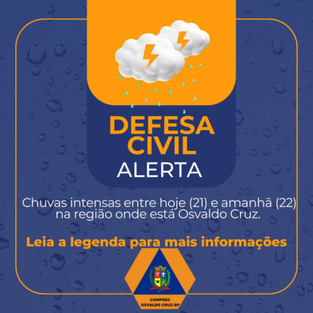 Defesa Civil alerta para chuvas intensas na regiÃ£o de Osvaldo Cruz 